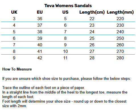 2025 Teva Womens Sandals 0 Size Chart